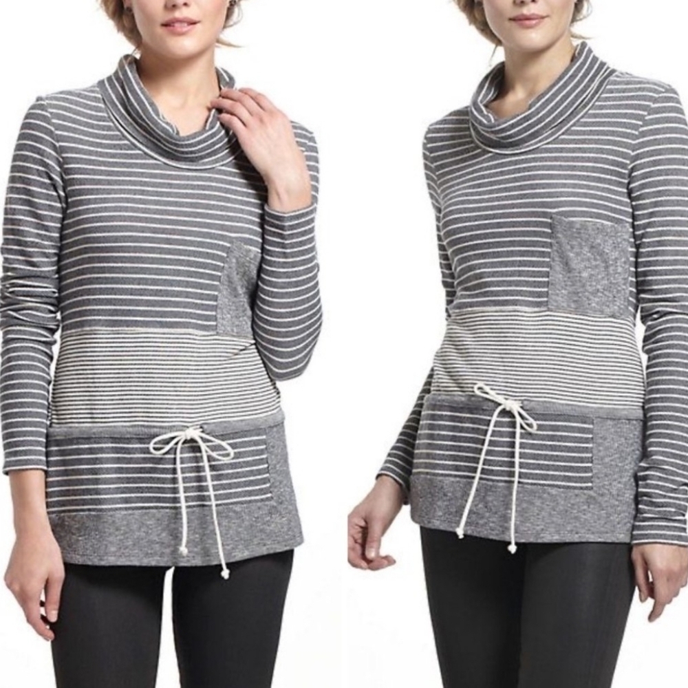 Anthropologie Grey Striped Cotton Terry Knit Long Sleeve Cowl Neck Pullover Top